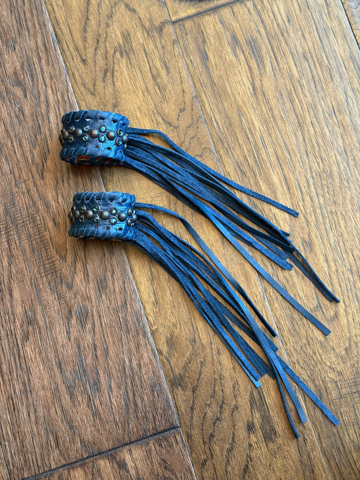Single Navy Crystal Leather Fringe Cuff Bracelet
