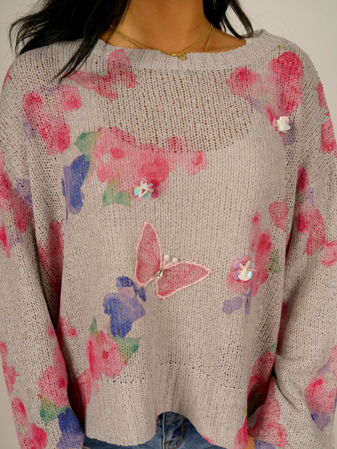 POL Butterfly Sparkle Romantic Long Sleeve Sweater
