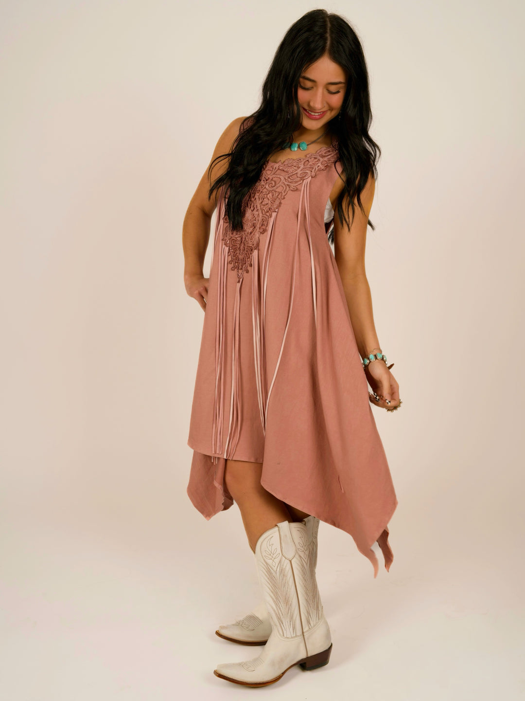 Pink Shark Bite Sleeveless Designer Dress with Pigsuede Fringe & Lace Neckline