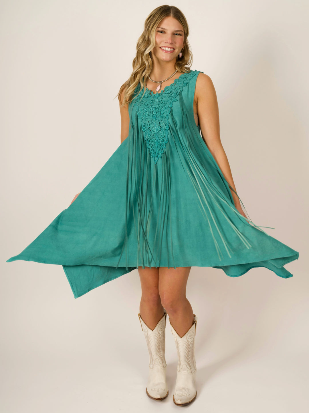 Turquoise Shark Bite Designer Sleeveless Dress w/ Deerskin Fringe & Lace Neckline