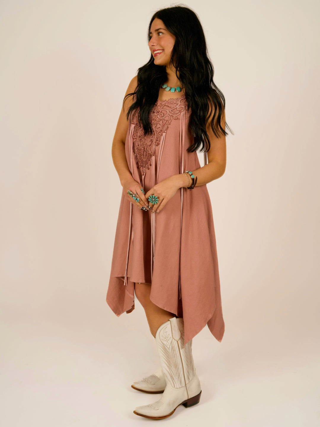 Pink Shark Bite Sleeveless Designer Dress with Pigsuede Fringe & Lace Neckline