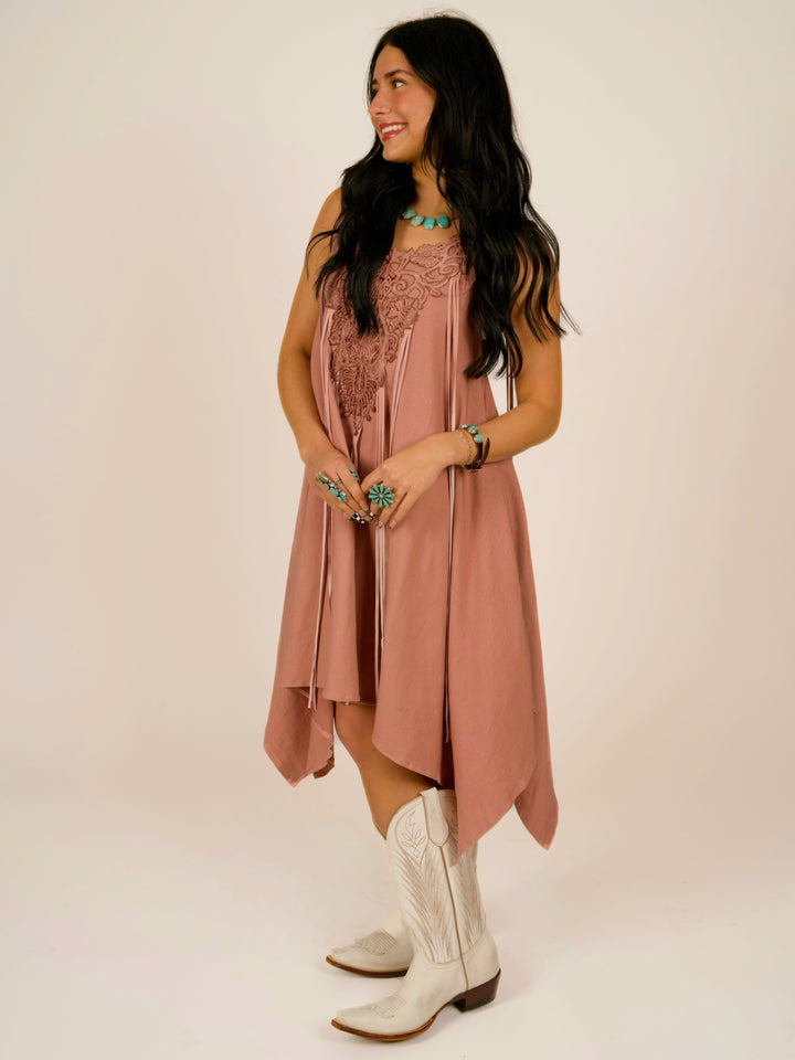 Pink Shark Bite Sleeveless Designer Dress with Pigsuede Fringe & Lace Neckline