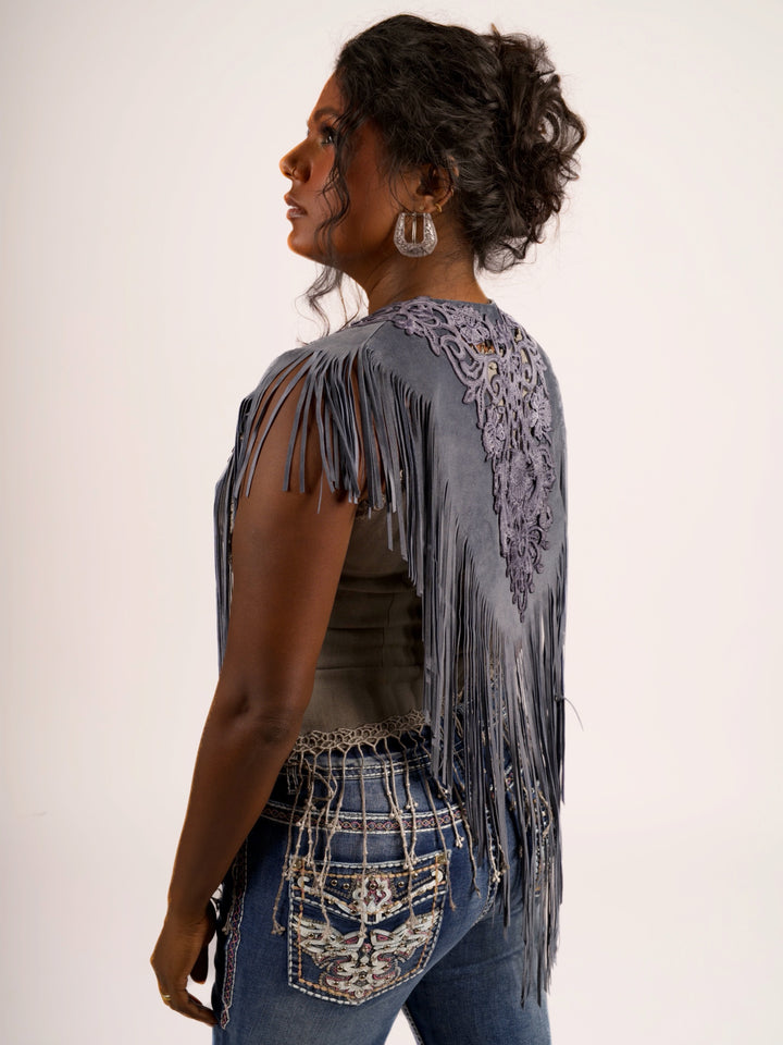 Handcrafted Denim Blue Suede Shoulder Fringe Collar by Pat Dahnke