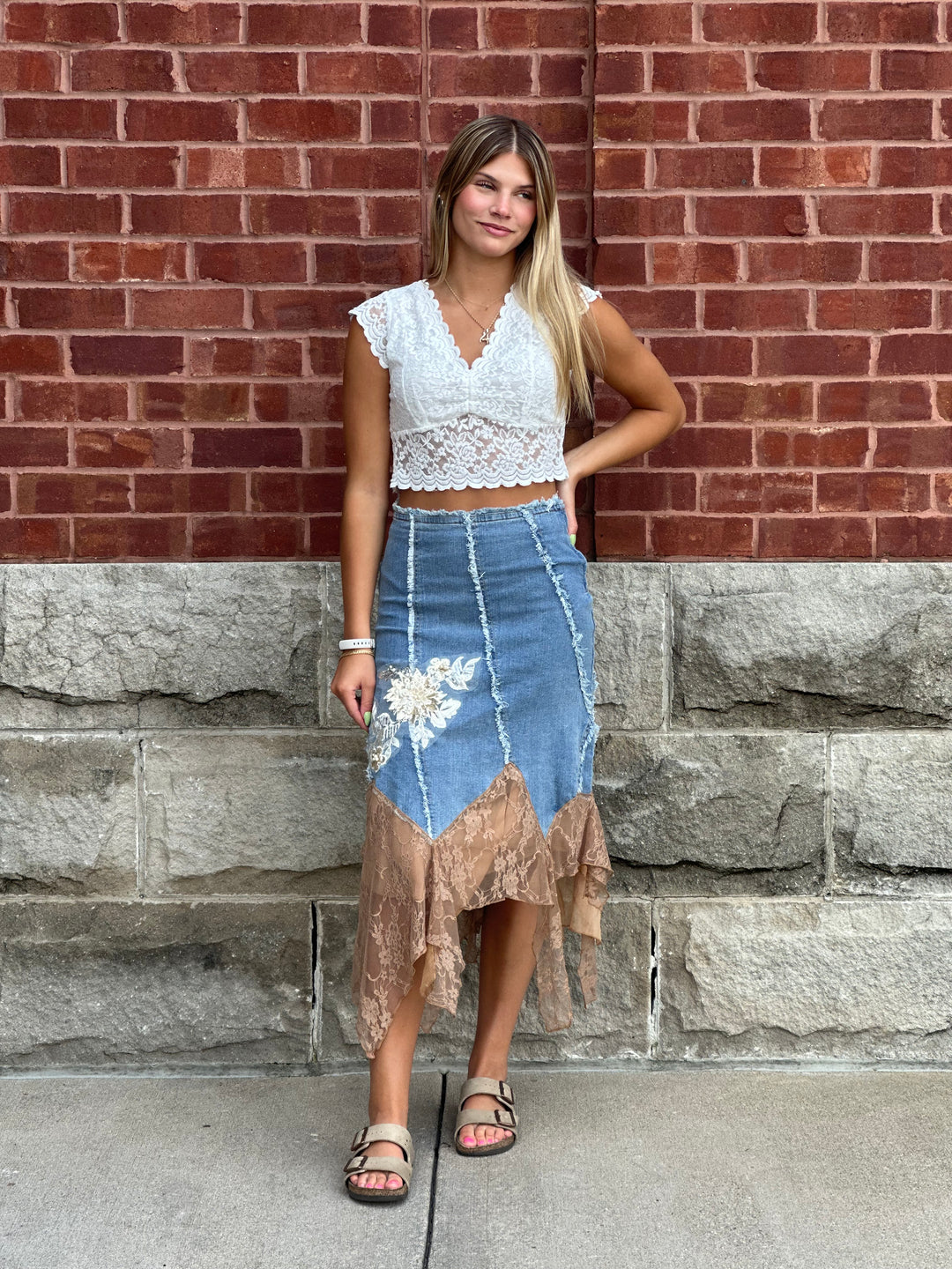 Savanna Lace Denim Midi Skirt