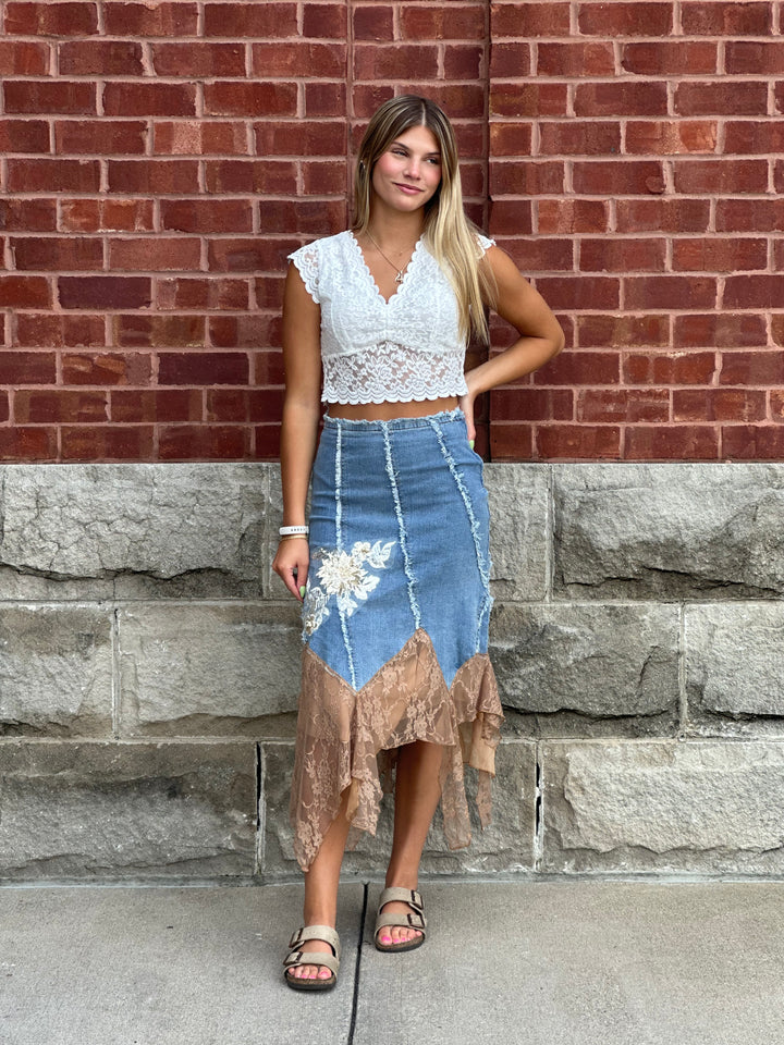 Savanna Lace Denim Midi Skirt