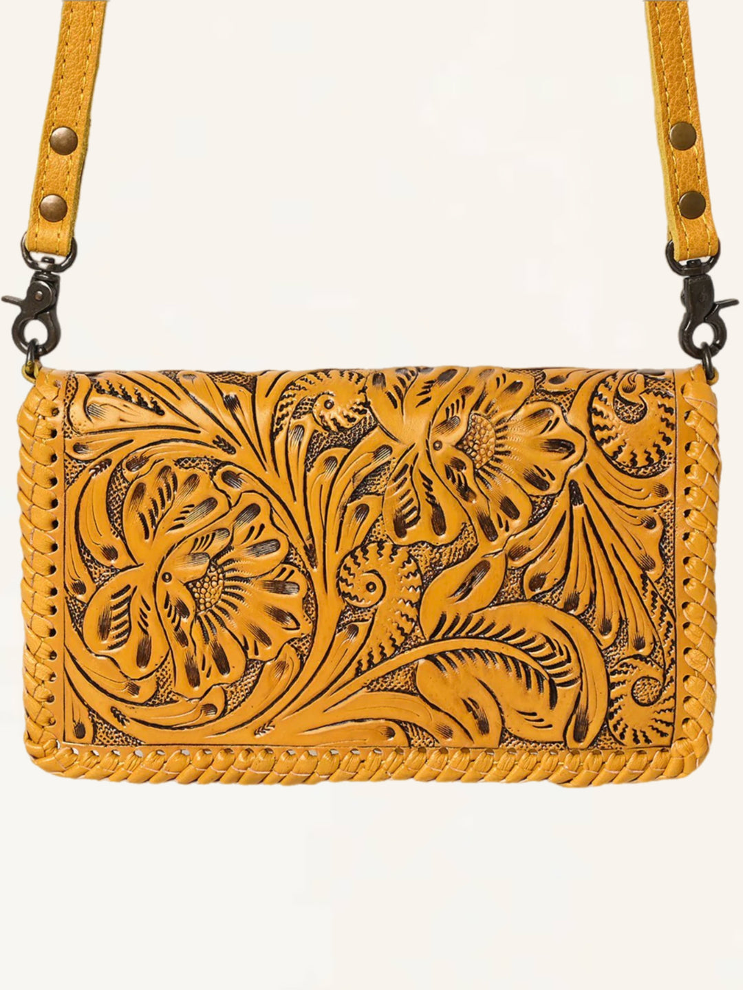 Antique Gold Hand Tooled Leather Crossbody Clutch Wallet Bag