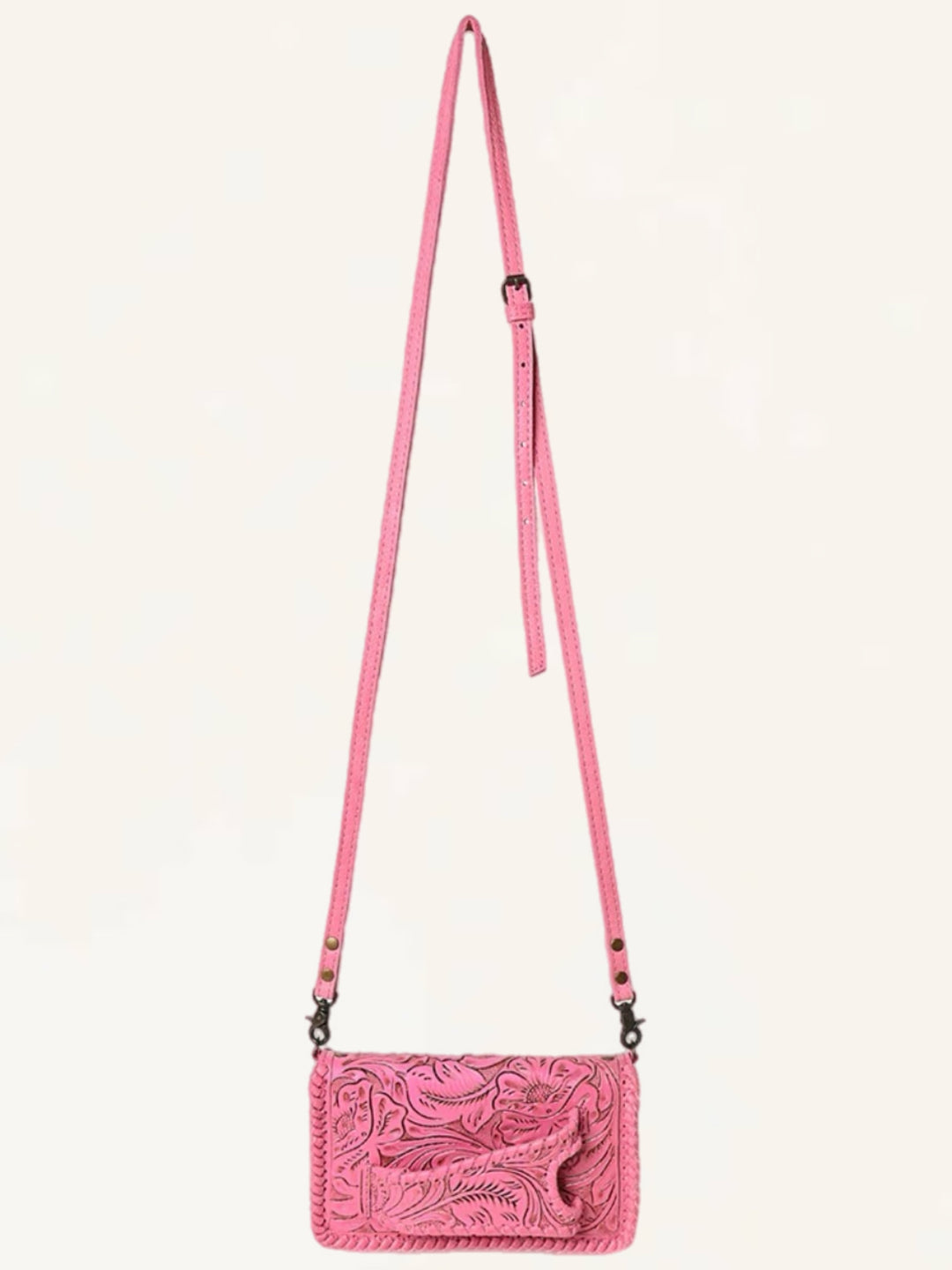 Pink Hand Tooled Leather Crossbody Clutch Wallet Bag