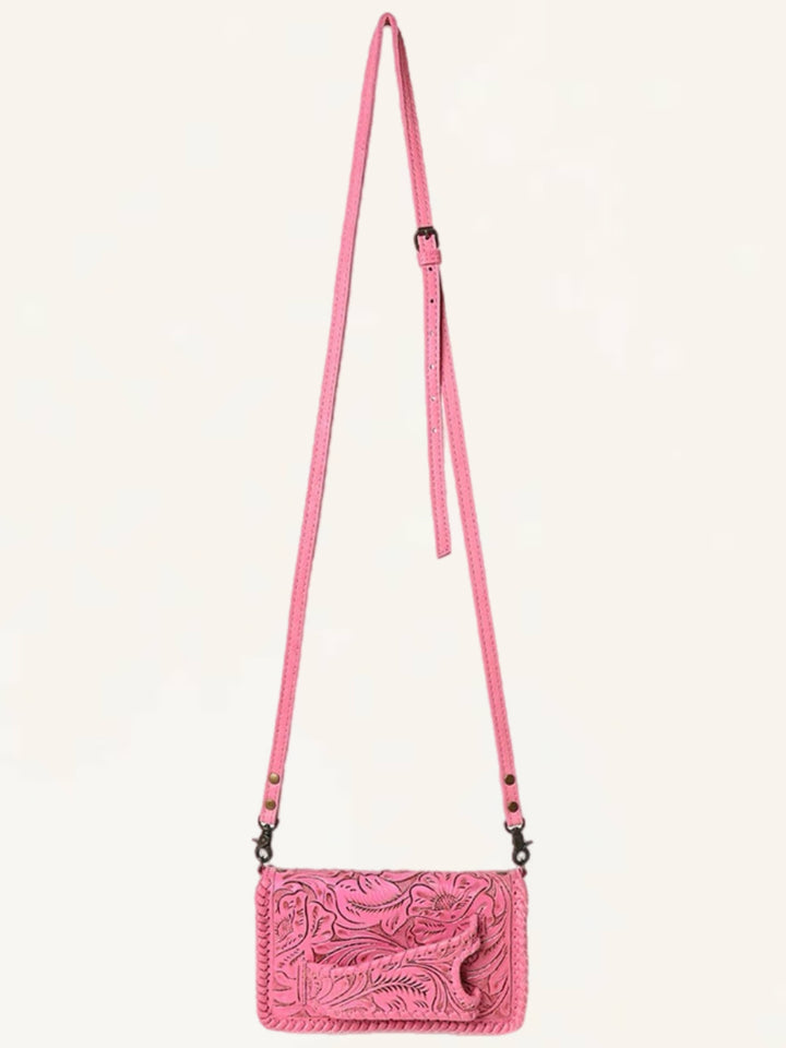 Pink Hand Tooled Leather Crossbody Clutch Wallet Bag