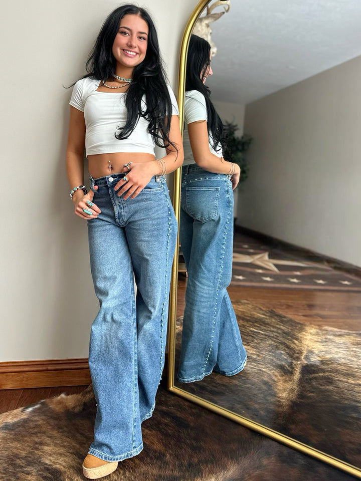 Wide Leg Jeans with Turquoise Gemstone Detail