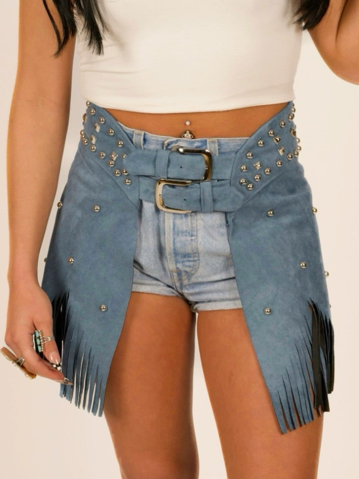 Coachella Faux Suede Studded Fringe Belt