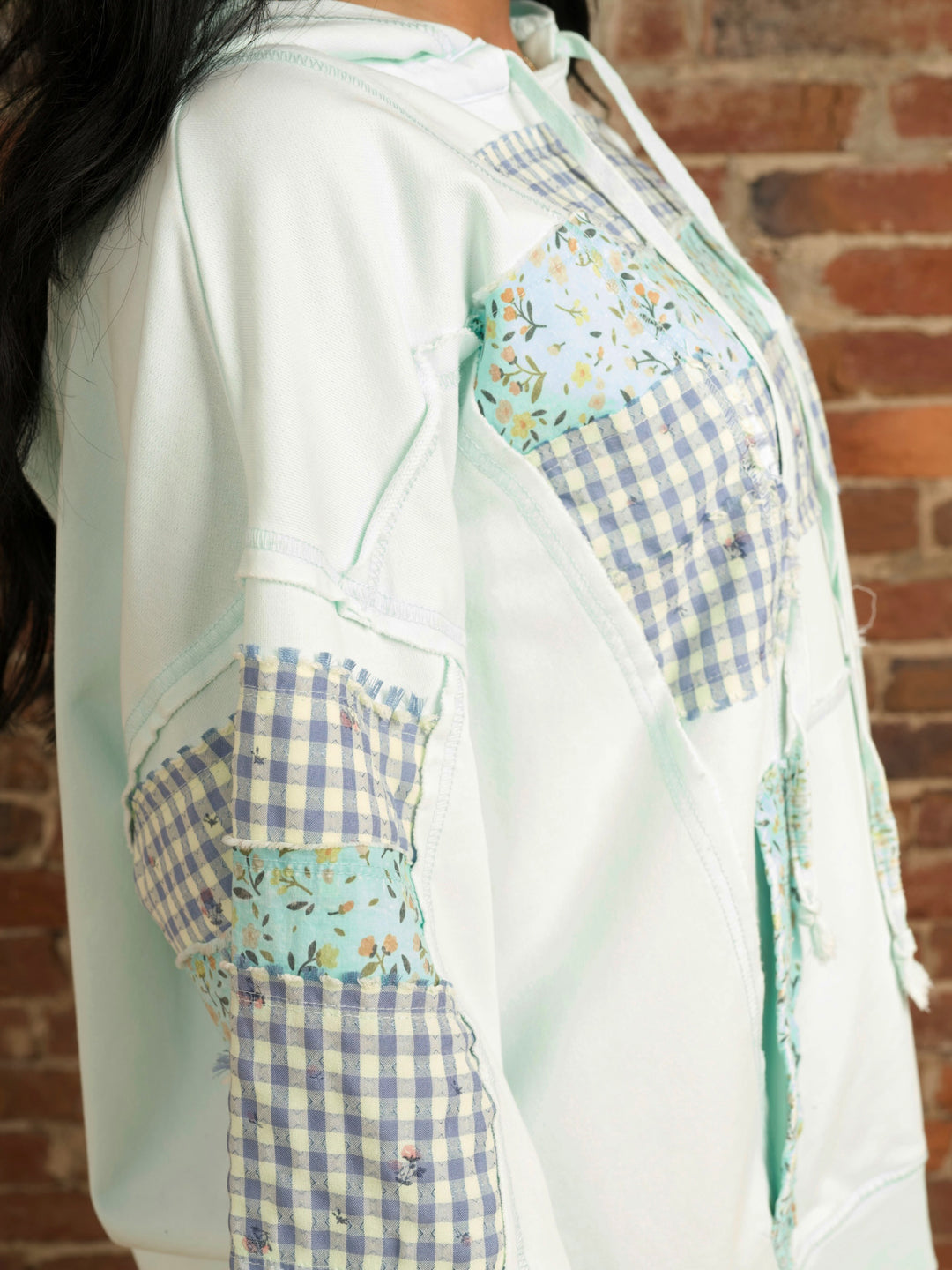 Mint Blue Oversized Floral Print Hooded Pullover