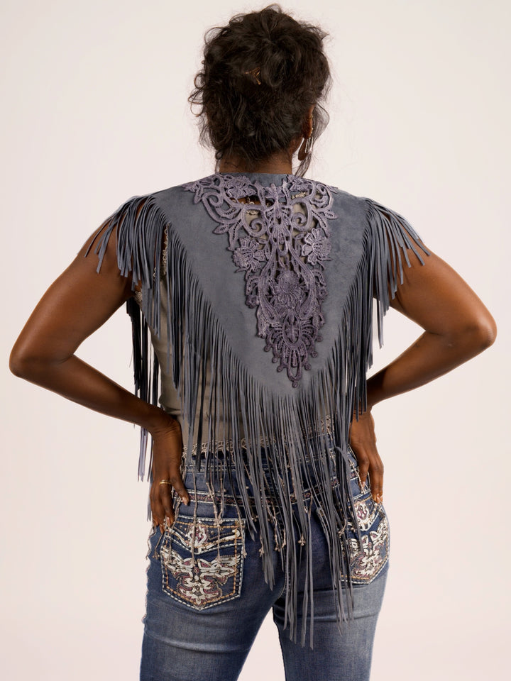 Handcrafted Denim Blue Suede Shoulder Fringe Collar by Pat Dahnke