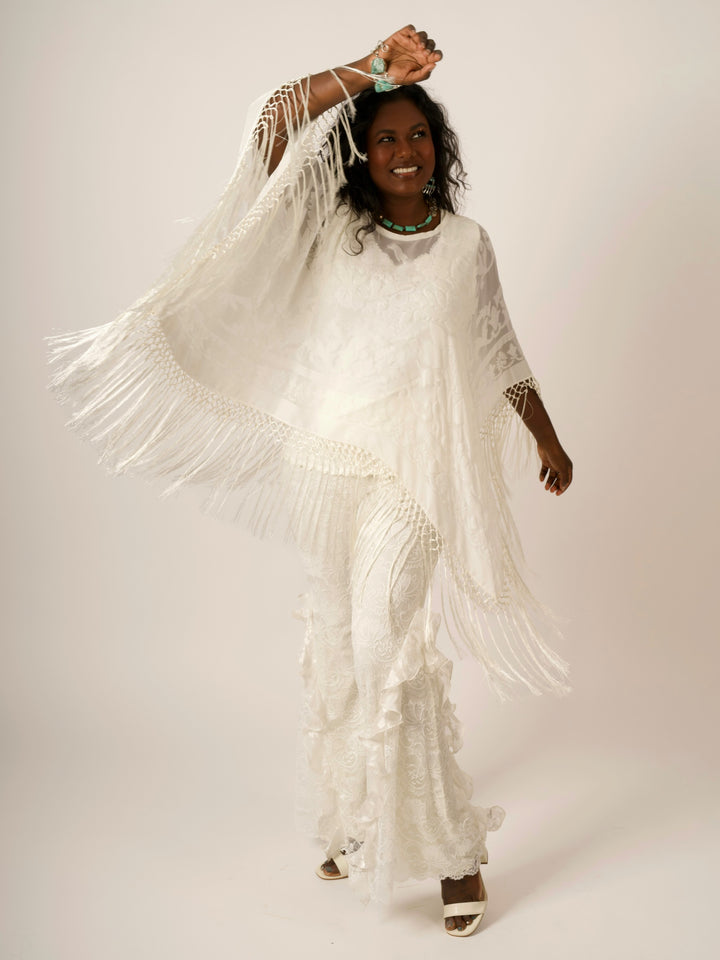 Pat Dahnke Ivory Burnout Fringe Poncho