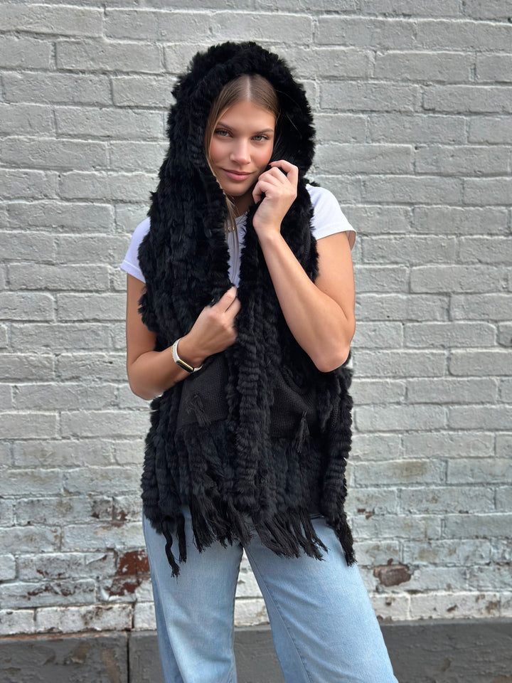 Black Rex Rabbit Pocket Shawl Vest