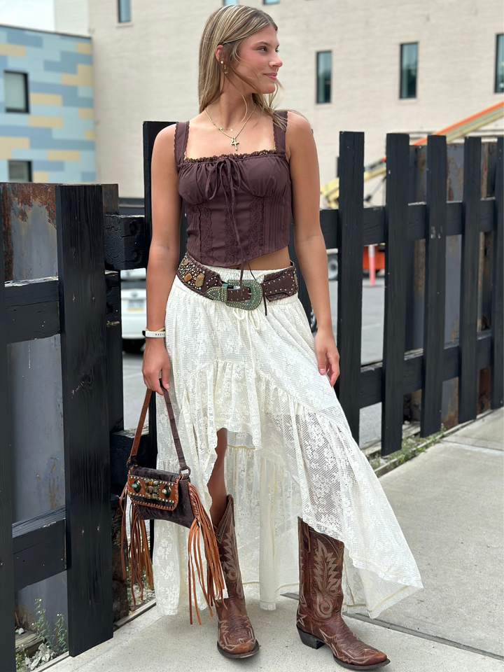 Delaney Lace Floral High Low Ruffle Maxi Skirt