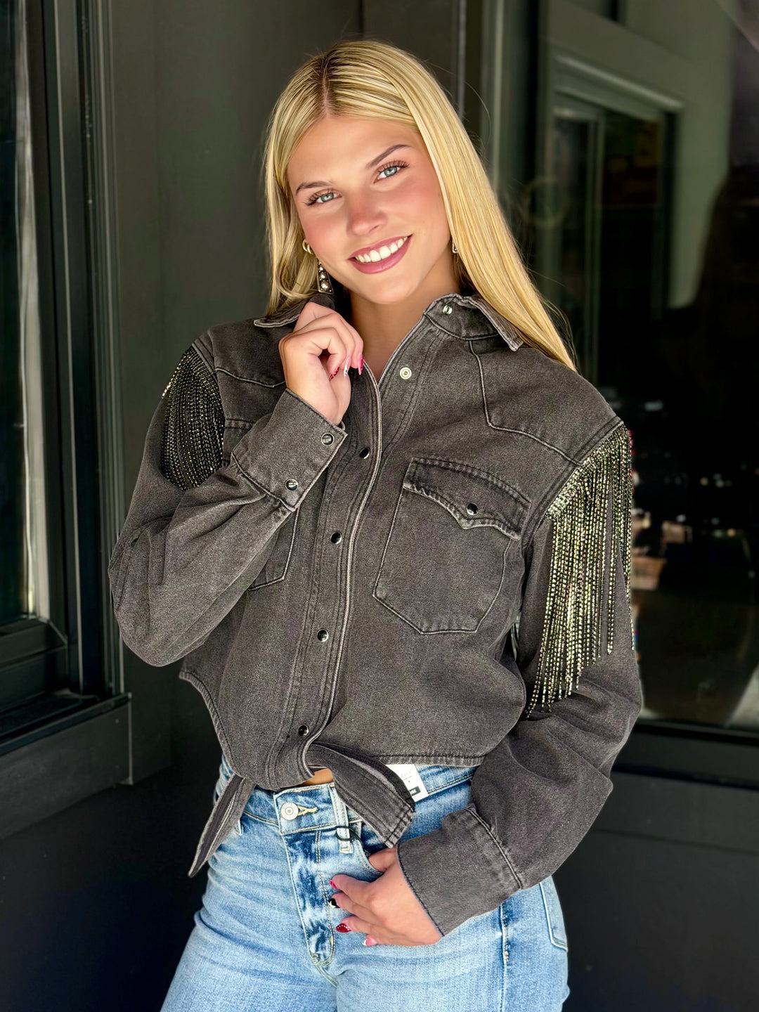 Free Dreaming Rhinestone Fringe Pearl Snap Top