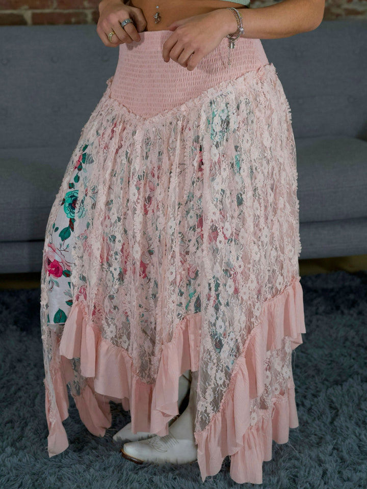 POL Romantic Boho High-Low Lace Skirt with Smocked Waist