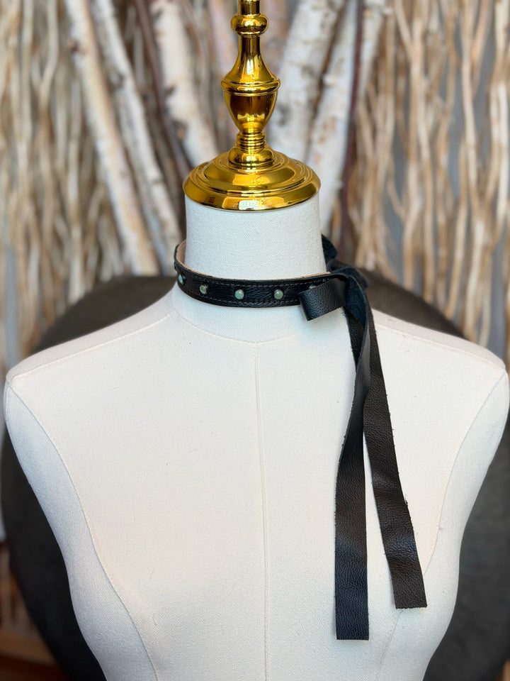 Black Leather & Turquoise Pearl Choker Necklace