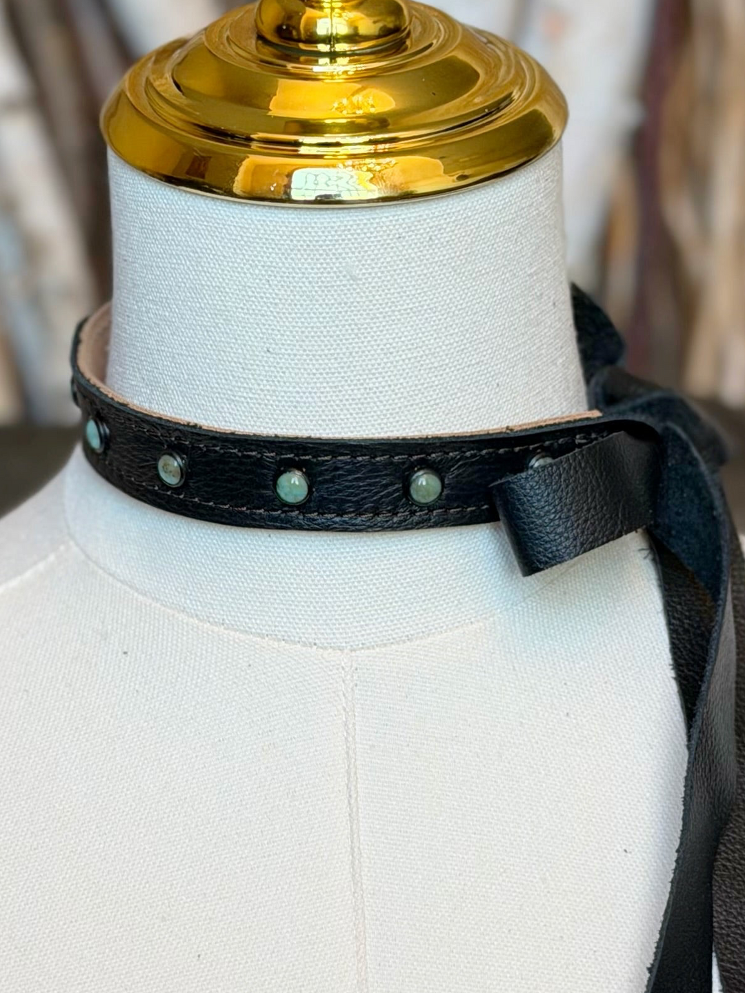 Black Leather & Turquoise Pearl Choker Necklace