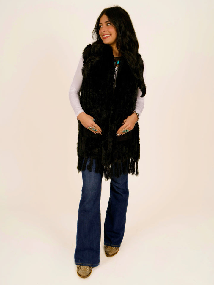 Black Rex Rabbit Pocket Shawl Fur Vest