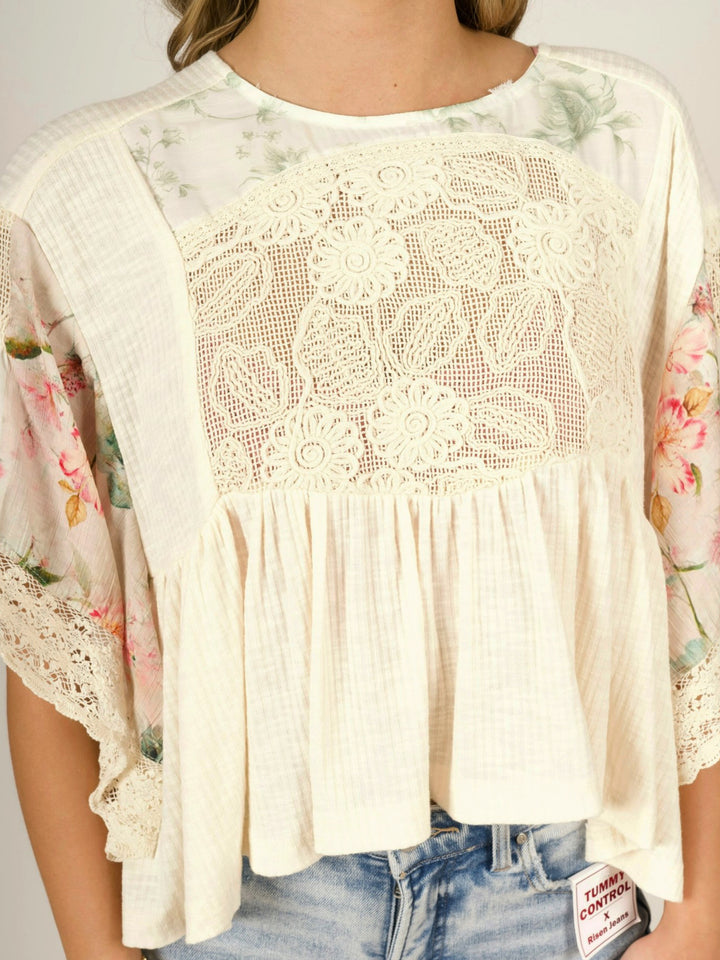POL Vintage Bloom Ribbed Floral Boho Top