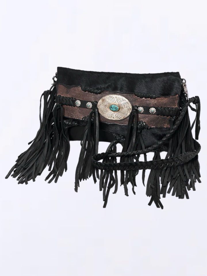 Silver Concho Turquoise Inlay Black Leather Fringe Crossbody