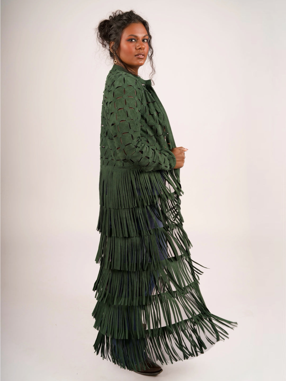 Genuine Suede Leather Laser-Cut Fringe Duster Jacket