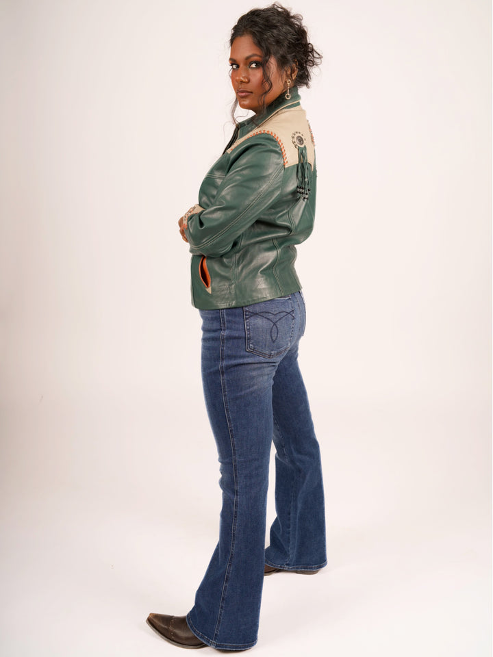 Forest Green Floral Inlay Western Leather Jacket
