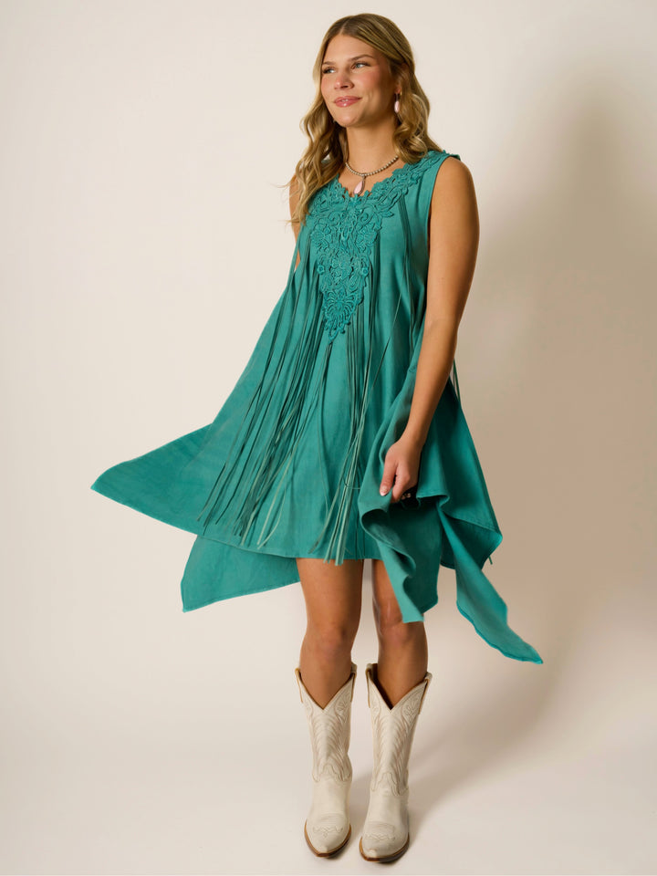 Turquoise Shark Bite Designer Sleeveless Dress w/ Deerskin Fringe & Lace Neckline
