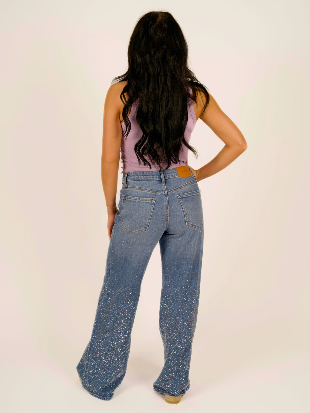 Medium Wash Rhinestone Wide Leg Jeans