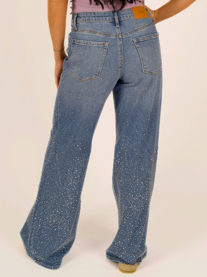 Medium Wash Rhinestone Wide Leg Jeans