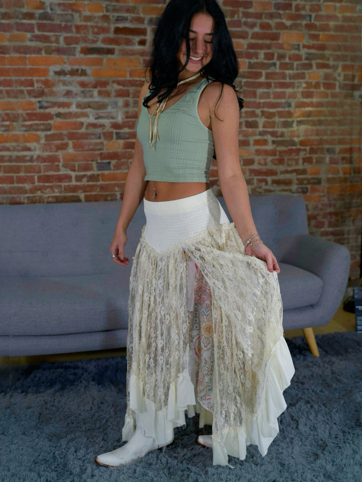 POL Romantic Boho High-Low Lace Skirt with Smocked Waist