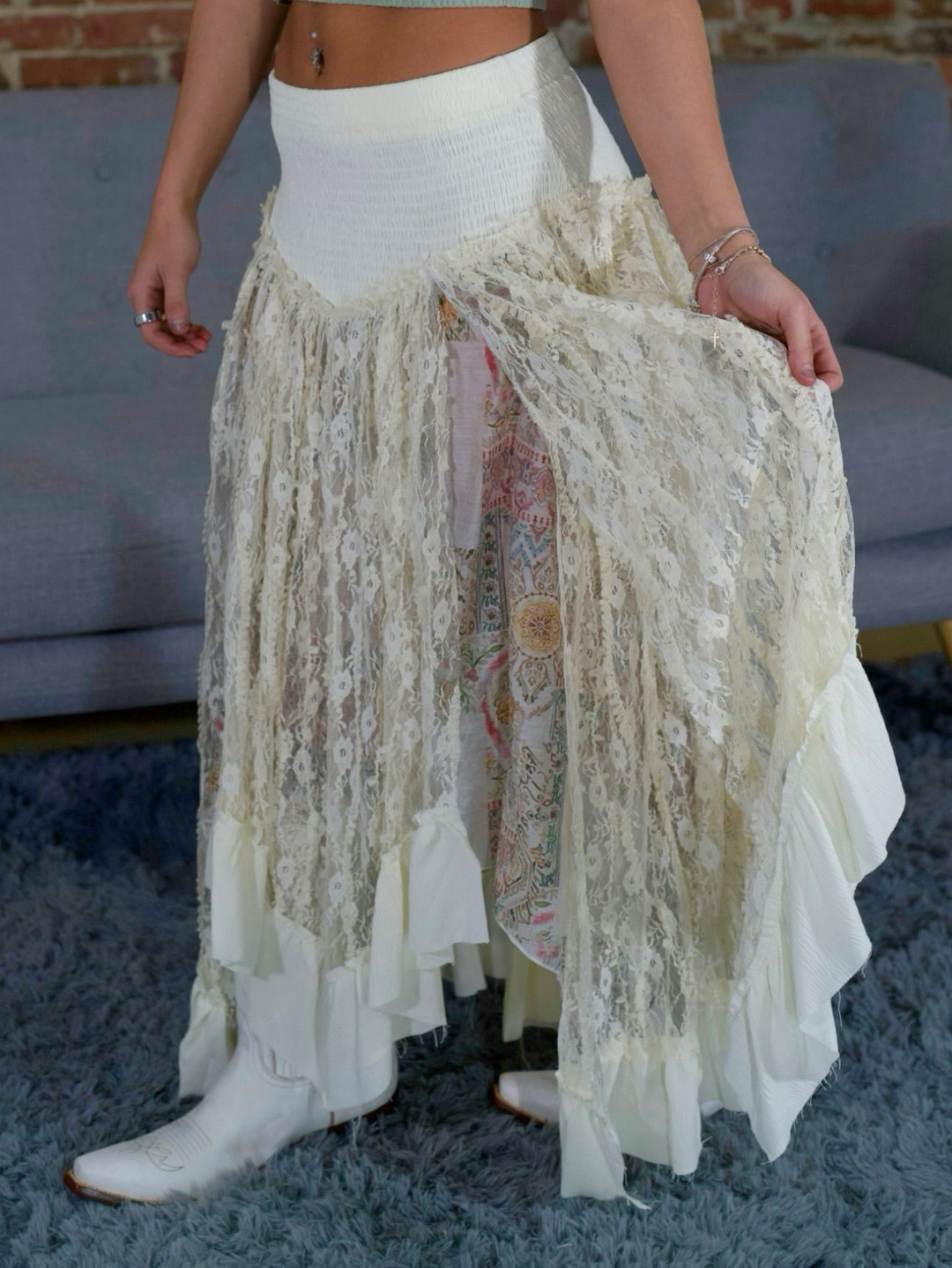 POL Romantic Boho High-Low Lace Skirt with Smocked Waist