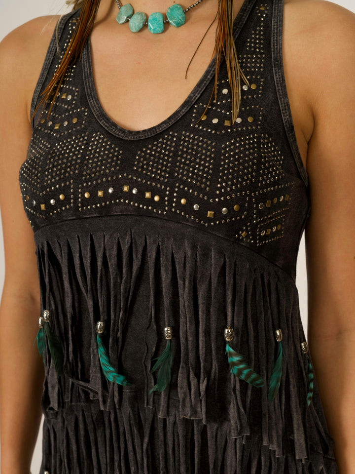 Black Fringe & Feather Two-Tiered Tank Top