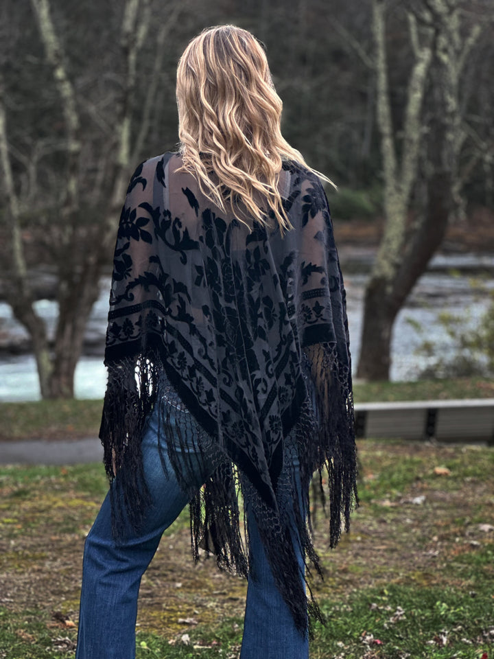 Burnout Velvet Poncho with Fringe