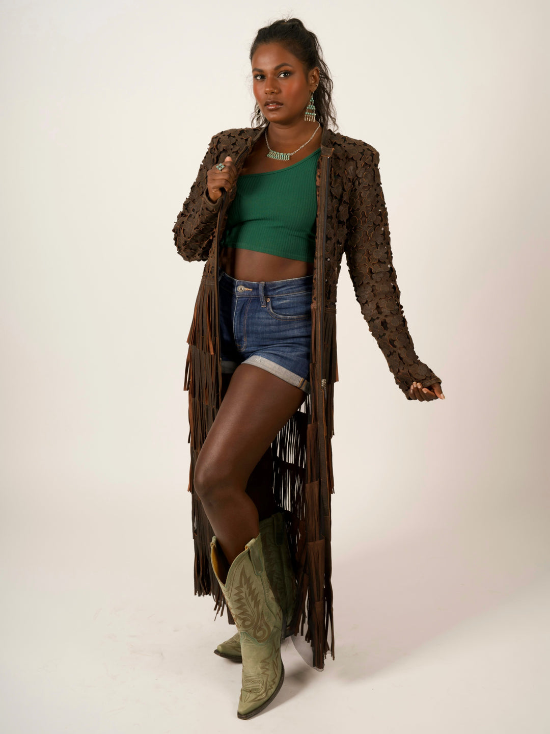 Italian Leather Laser-Cut Fringe Duster Jacket
