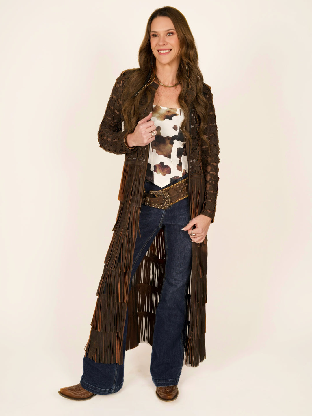 Italian Leather Laser-Cut Fringe Duster Jacket