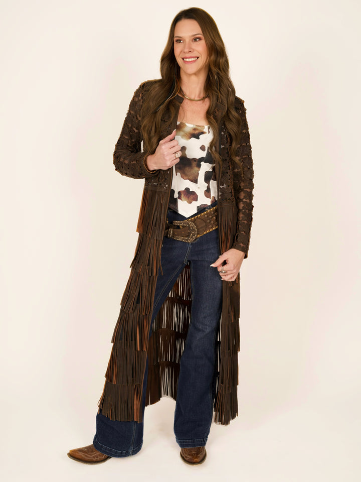 Italian Leather Laser-Cut Fringe Duster Jacket