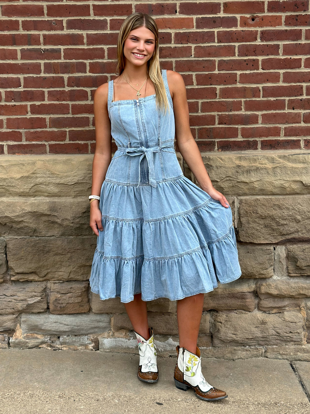 denim tiered midi dress Tiered Denim Midi Dress Small