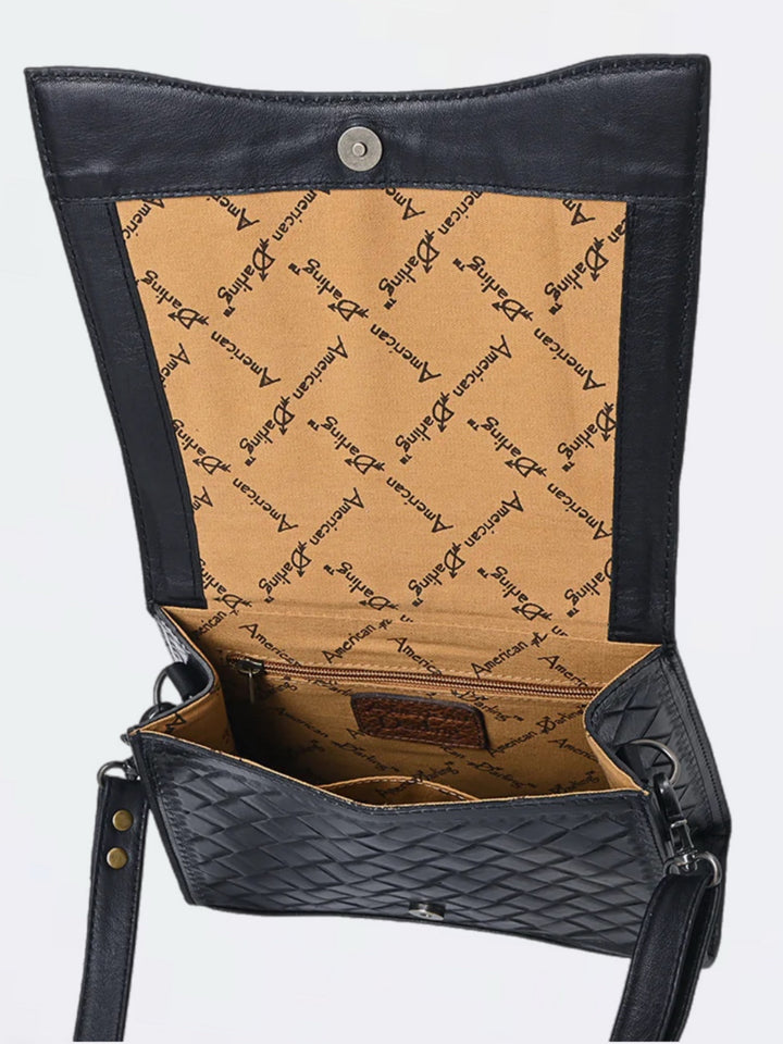 Black Hand Tooled Leather Crossbody Messenger Handbag