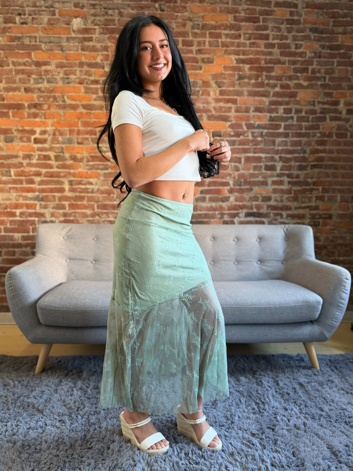 Sage Asymmetrical Lace Slip MIDI Skirt