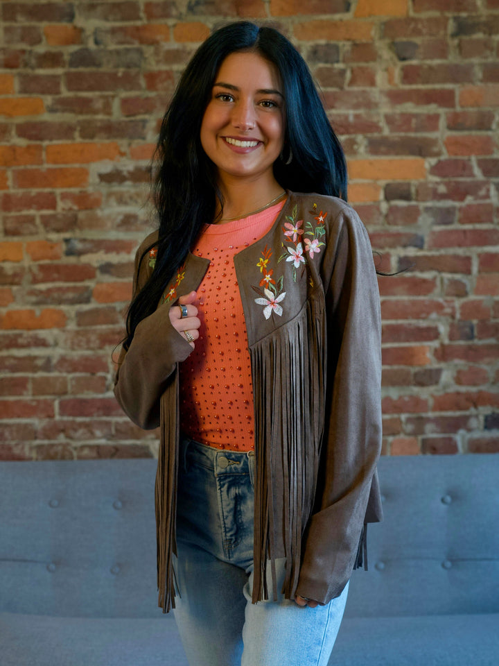 Fringe & Flowers Brown Suede Jacket