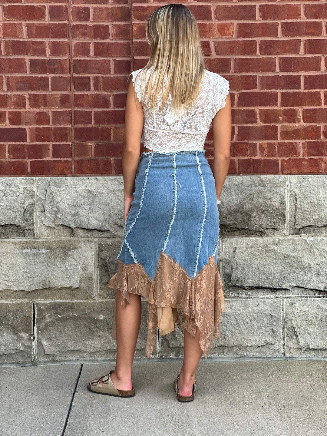 Savanna Lace Denim Midi Skirt