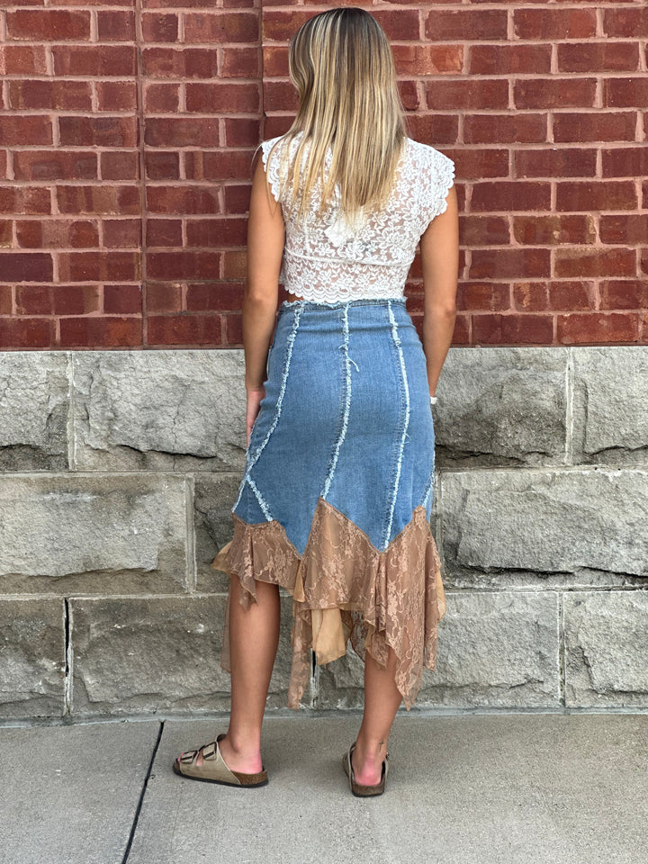 Savanna Lace Denim Midi Skirt