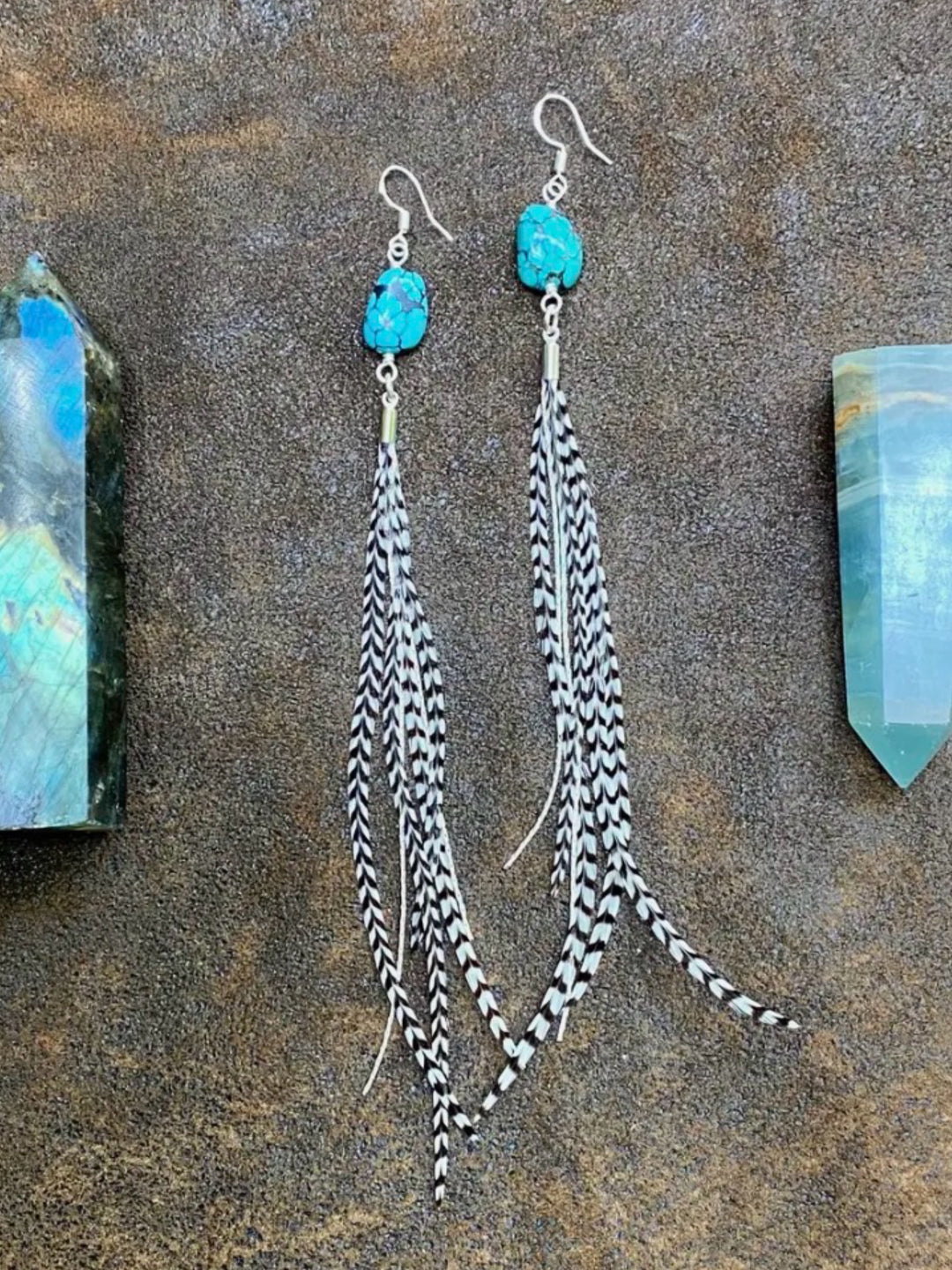 Silver Mini Feather & Turquoise Dangle Earrings