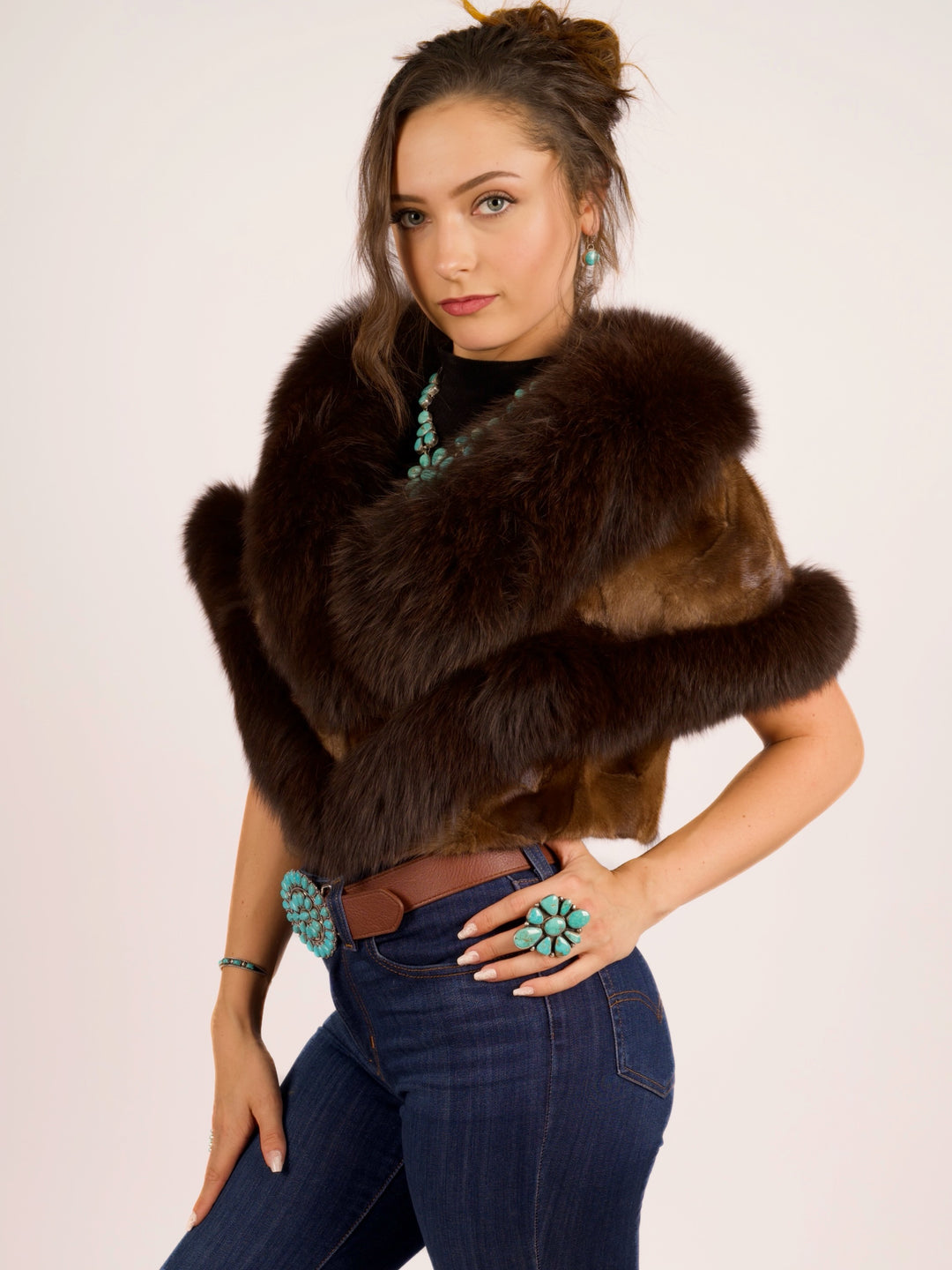 Premium Brown Mink & Fox Fur Cape