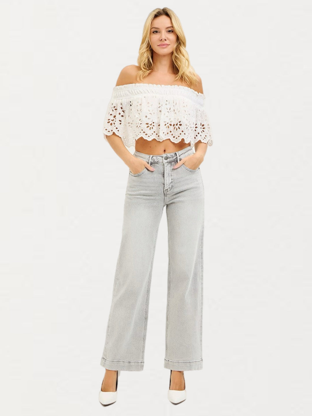 RISEN High-Rise Wide Leg Ankle Jeans in Light Grey