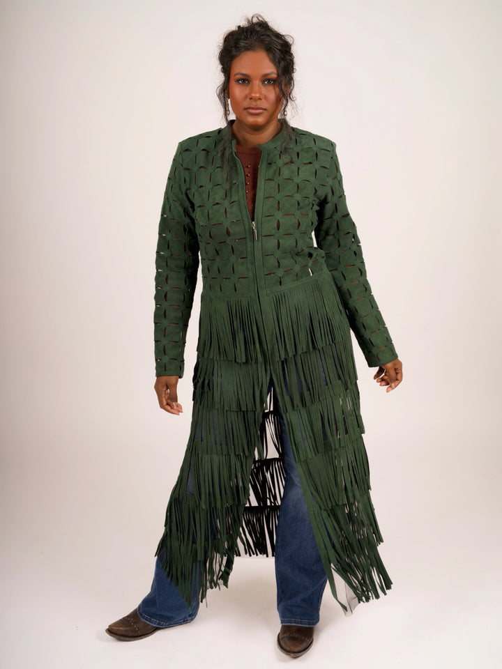 Genuine Suede Leather Laser-Cut Fringe Duster Jacket