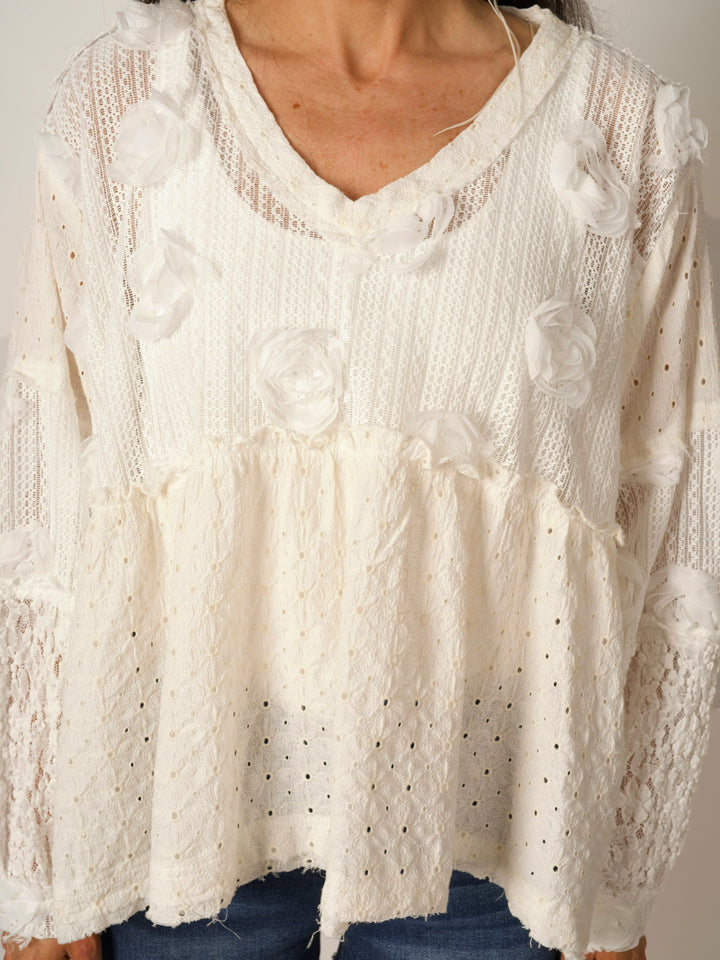 POL Vintage Lace V-Neck Balloon Sleeve Top with Floral Appliqué