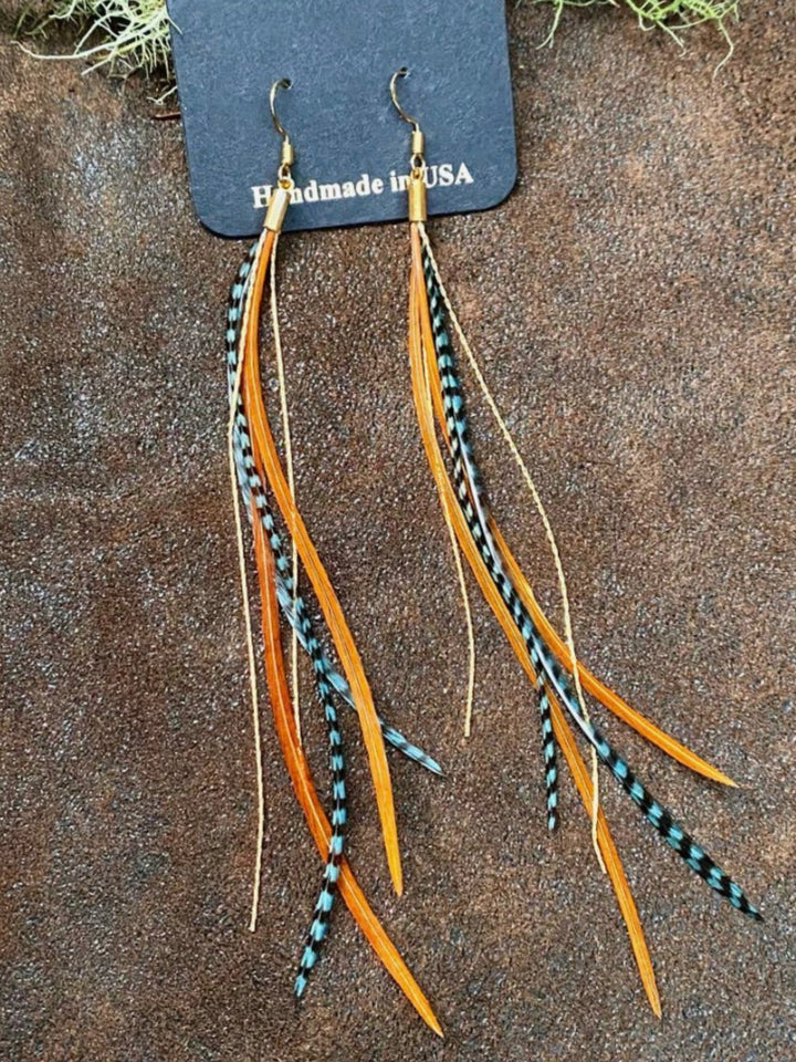 Handcrafted Teal & Fawn Mini Feather Dangle Earrings